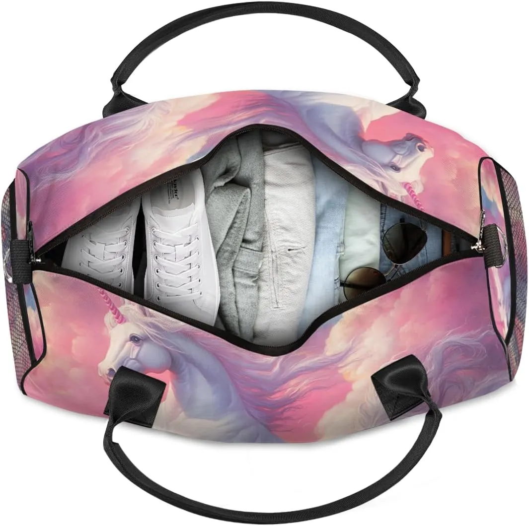 Personalized Pink Unicorn Travel Duffel Bag with Name, Custom Gym Sport Bag Sky Fantasy Carry On Weekend Overnight Duffel Bag for Men Women