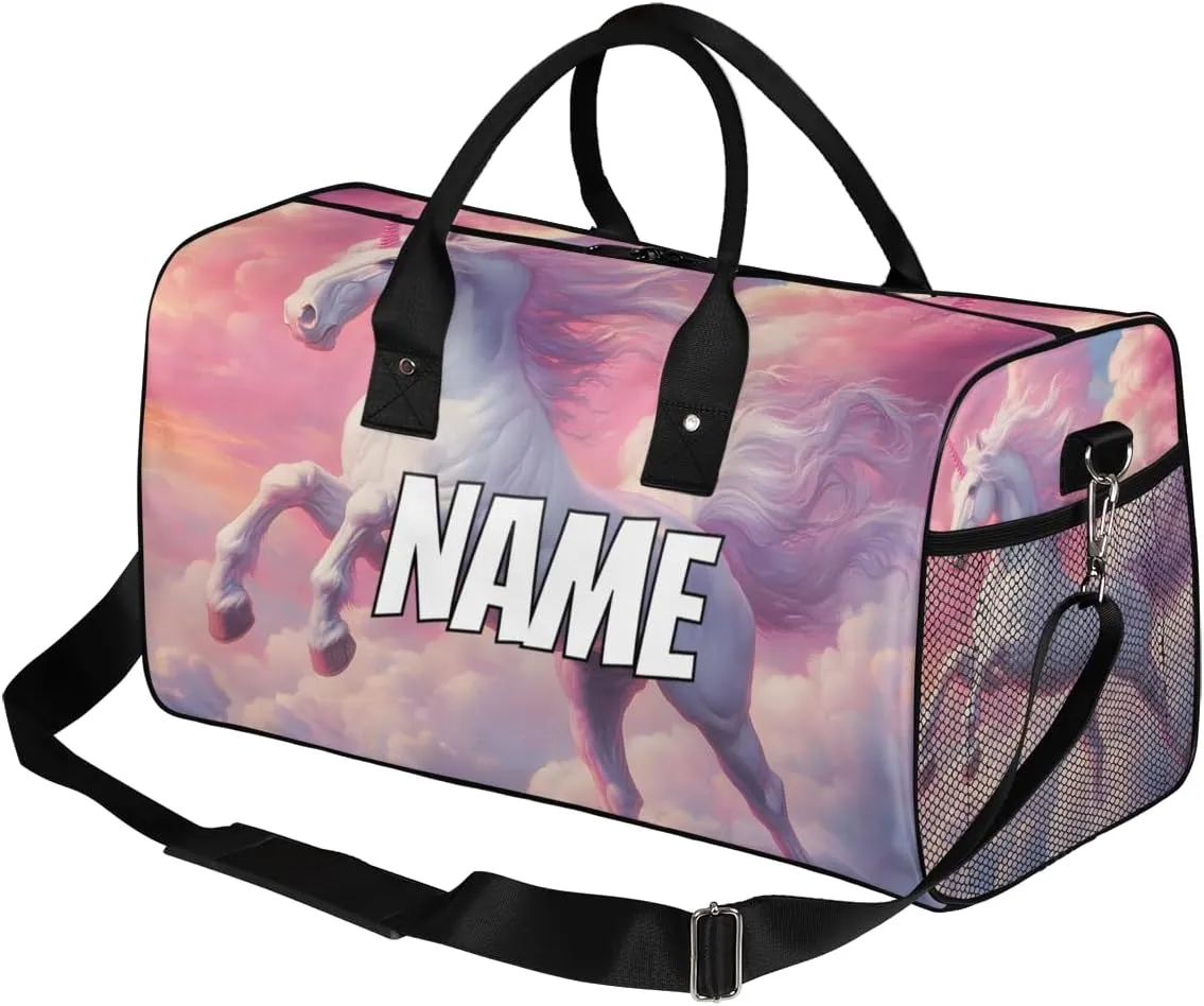 Personalized Pink Unicorn Travel Duffel Bag with Name, Custom Gym Sport Bag Sky Fantasy Carry On Weekend Overnight Duffel Bag for Men Women