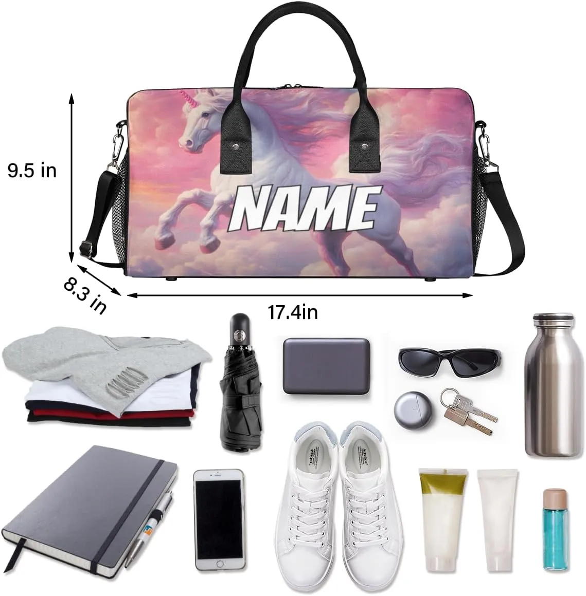 Personalized Pink Unicorn Travel Duffel Bag with Name, Custom Gym Sport Bag Sky Fantasy Carry On Weekend Overnight Duffel Bag for Men Women
