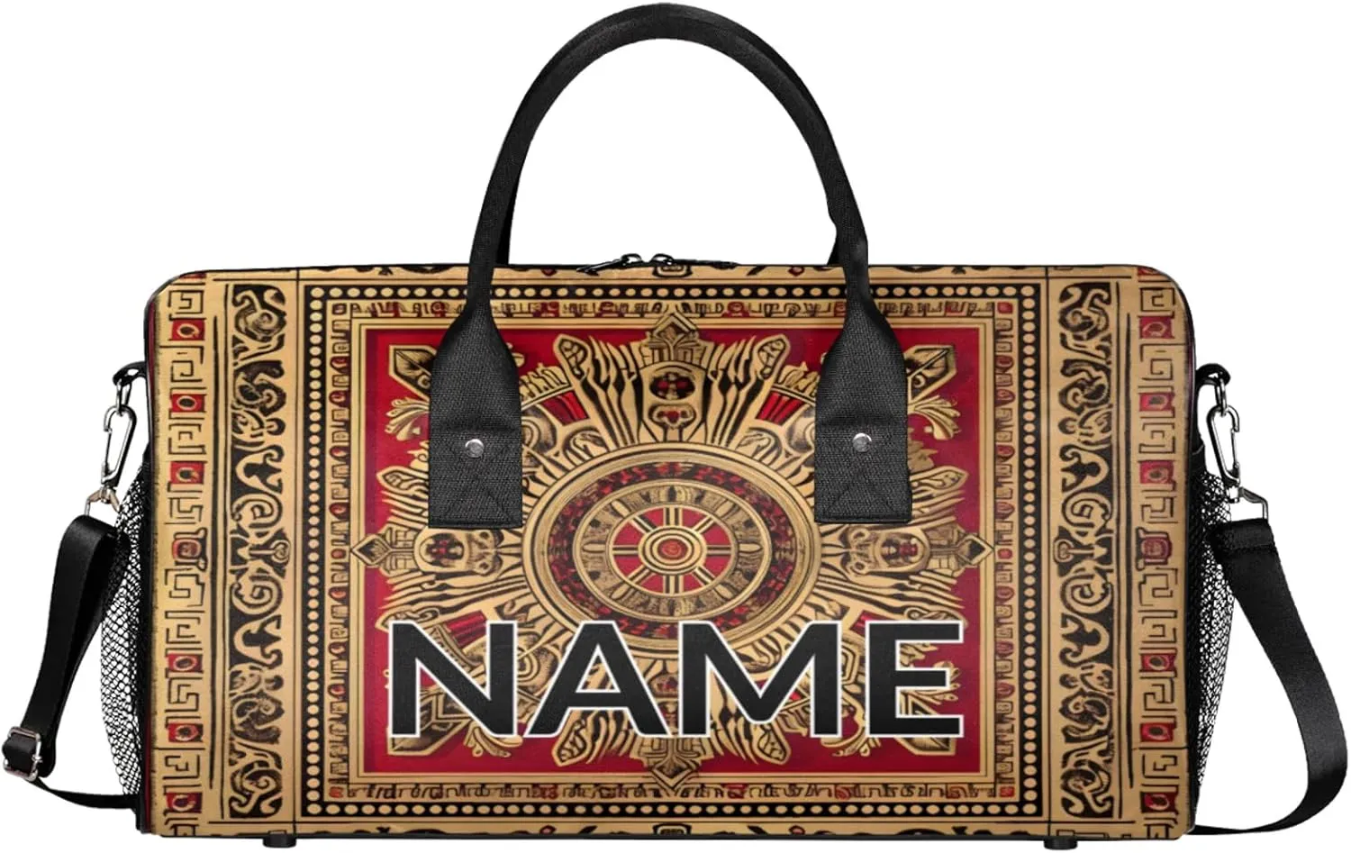 Personalized Red Golden Boho Travel Duffel Bag with Name, Custom Gym Sport Bag Floral Print Carry On Weekend Overnight Duffel Bag for Men Women