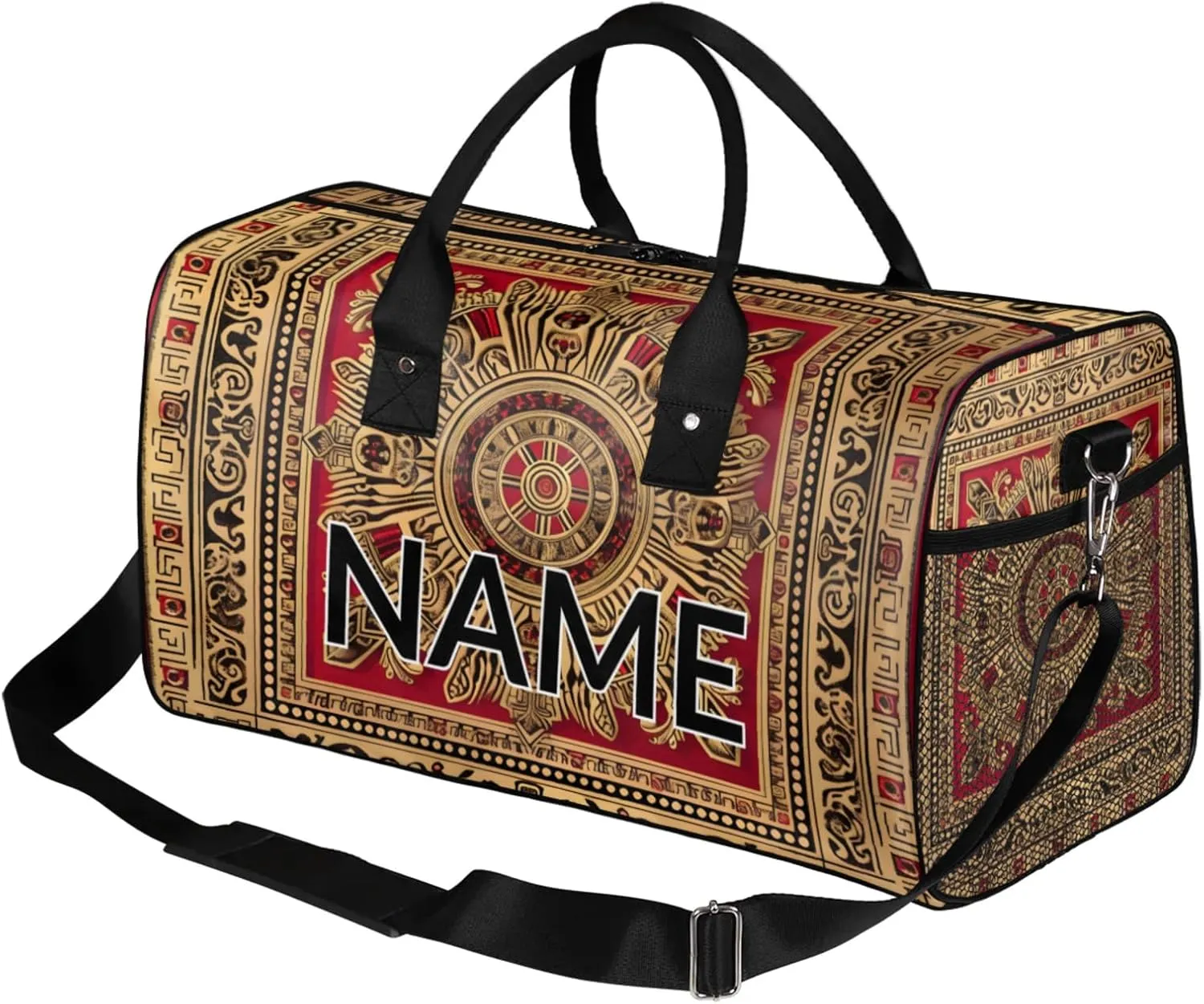 Personalized Red Golden Boho Travel Duffel Bag with Name, Custom Gym Sport Bag Floral Print Carry On Weekend Overnight Duffel Bag for Men Women
