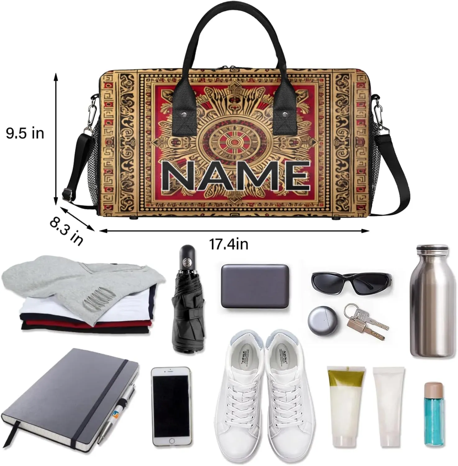 Personalized Red Golden Boho Travel Duffel Bag with Name, Custom Gym Sport Bag Floral Print Carry On Weekend Overnight Duffel Bag for Men Women