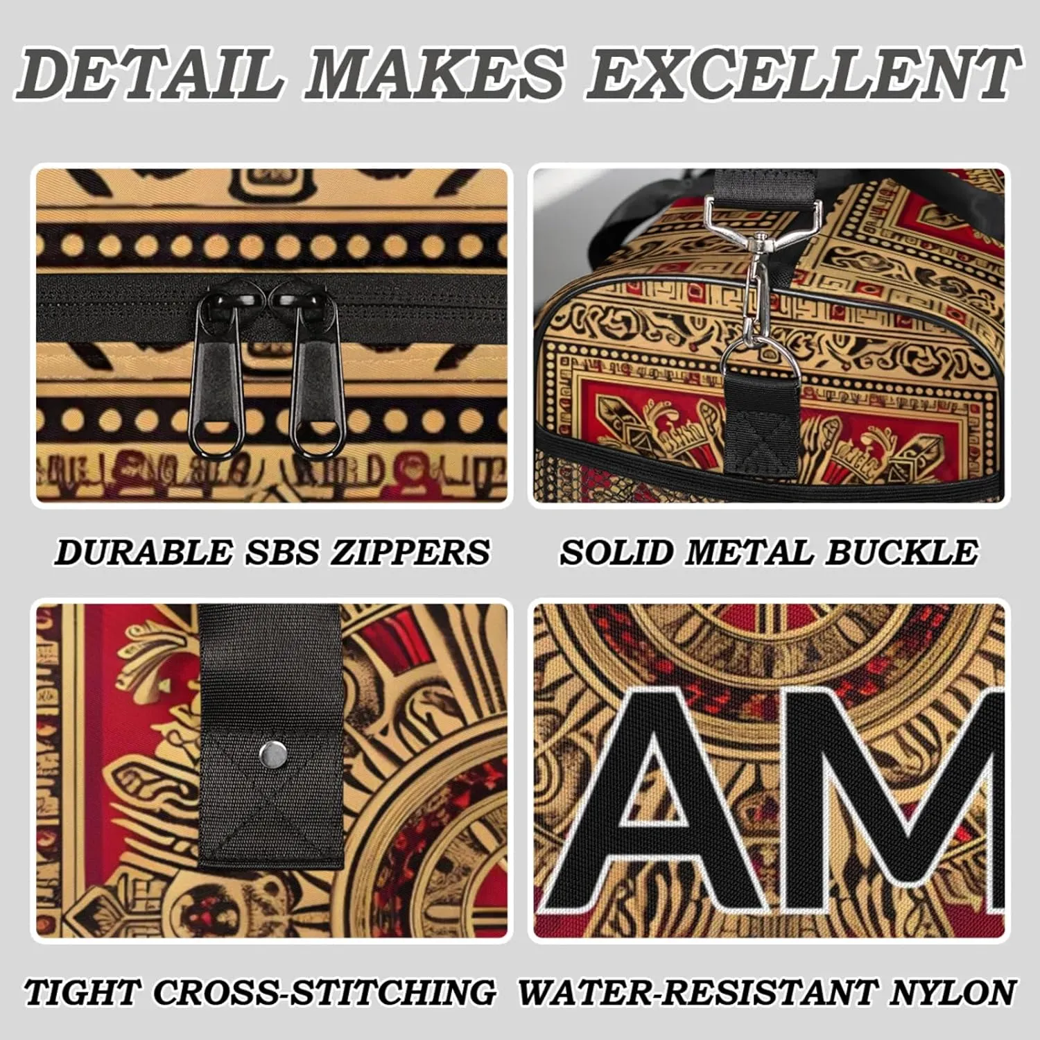 Personalized Red Golden Boho Travel Duffel Bag with Name, Custom Gym Sport Bag Floral Print Carry On Weekend Overnight Duffel Bag for Men Women