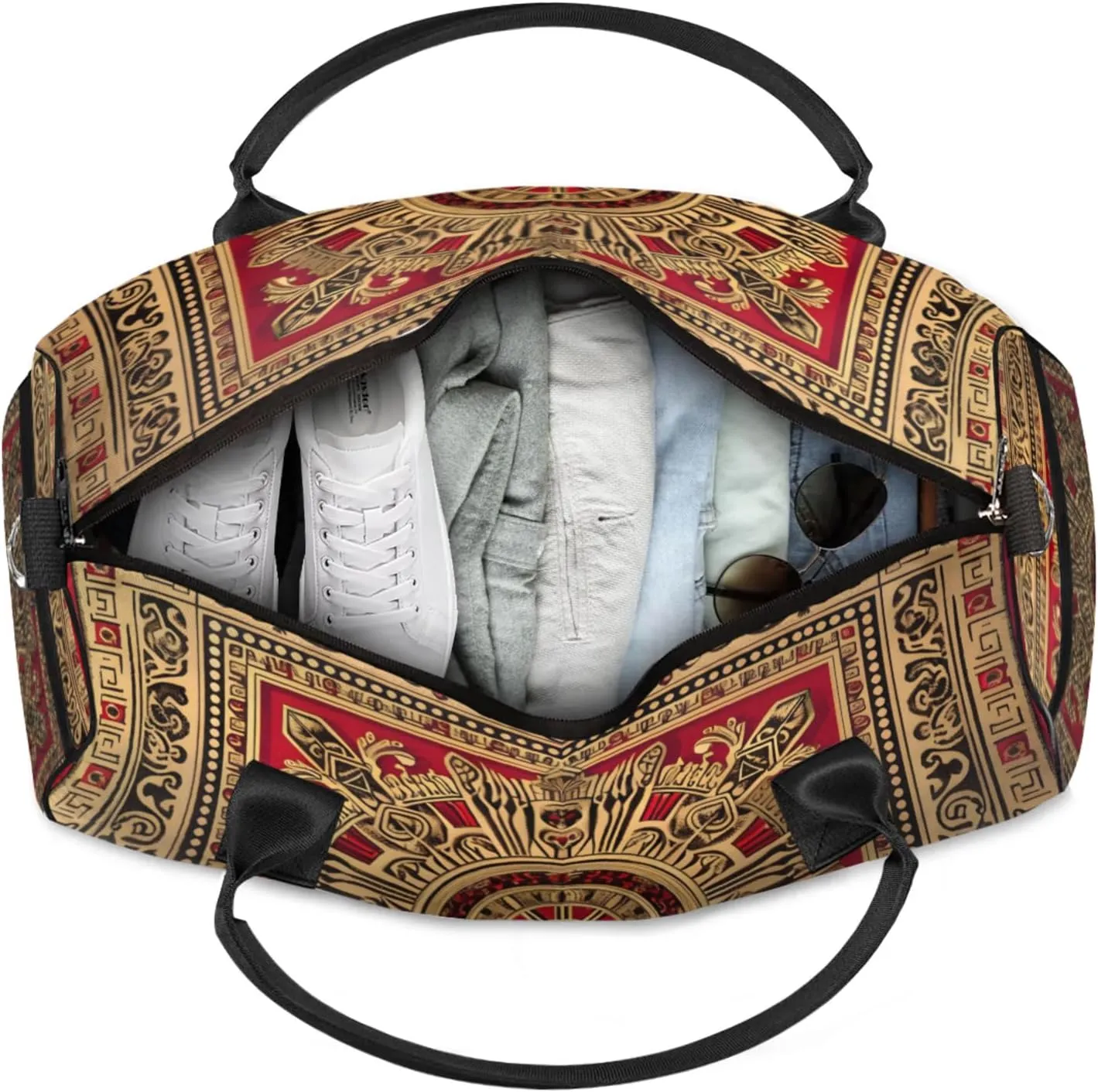 Personalized Red Golden Boho Travel Duffel Bag with Name, Custom Gym Sport Bag Floral Print Carry On Weekend Overnight Duffel Bag for Men Women