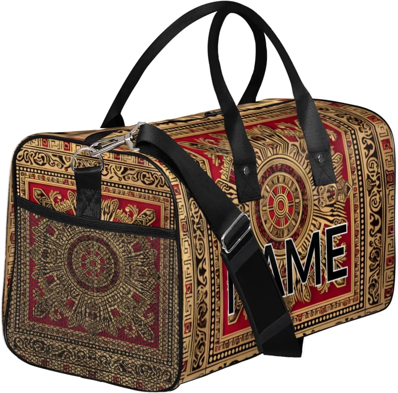Personalized Red Golden Boho Travel Duffel Bag with Name, Custom Gym Sport Bag Floral Print Carry On Weekend Overnight Duffel Bag for Men Women