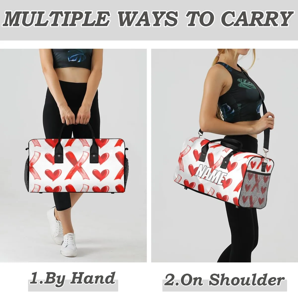 Personalized Red Hearts Travel Duffel Bag with Name, Custom Gym Sport Bag Sweethearts Love Carry On Weekend Overnight Duffel Bag for Men Women