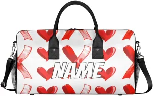 Personalized Red Hearts Travel Duffel Bag with Name, Custom Gym Sport Bag Sweethearts Love Carry On Weekend Overnight Duffel Bag for Men Women