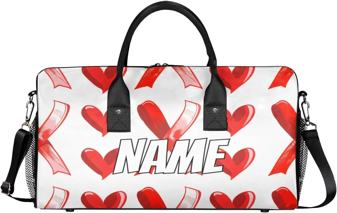 Personalized Red Hearts Travel Duffel Bag with Name, Custom Gym Sport Bag Sweethearts Love Carry On Weekend Overnight Duffel Bag for Men Women