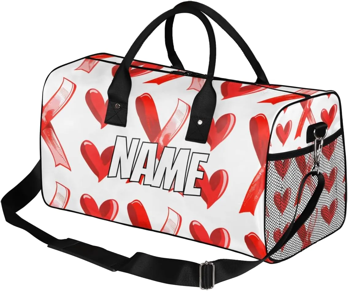 Personalized Red Hearts Travel Duffel Bag with Name, Custom Gym Sport Bag Sweethearts Love Carry On Weekend Overnight Duffel Bag for Men Women