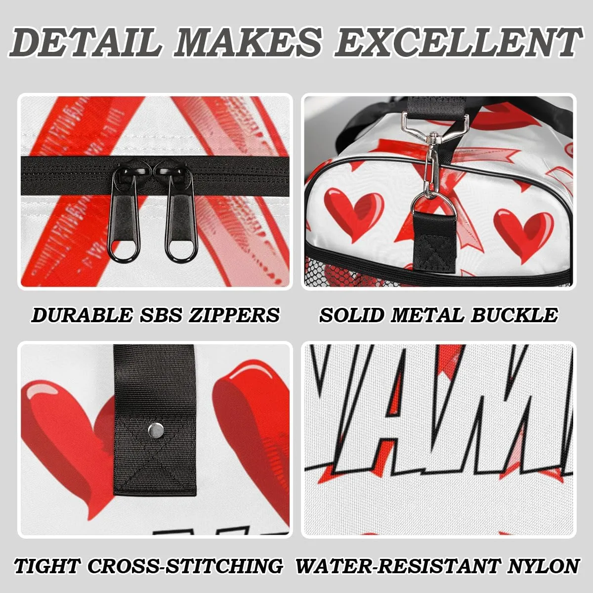 Personalized Red Hearts Travel Duffel Bag with Name, Custom Gym Sport Bag Sweethearts Love Carry On Weekend Overnight Duffel Bag for Men Women