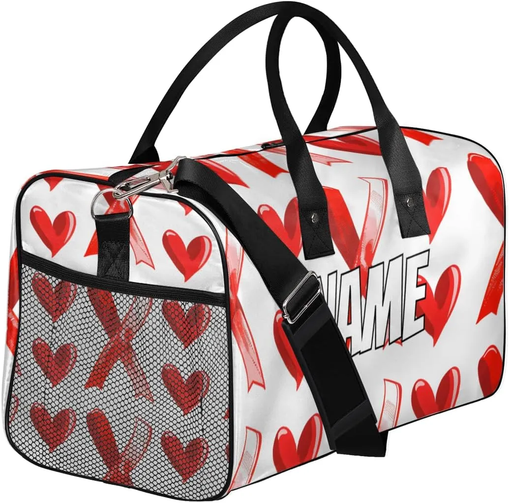 Personalized Red Hearts Travel Duffel Bag with Name, Custom Gym Sport Bag Sweethearts Love Carry On Weekend Overnight Duffel Bag for Men Women