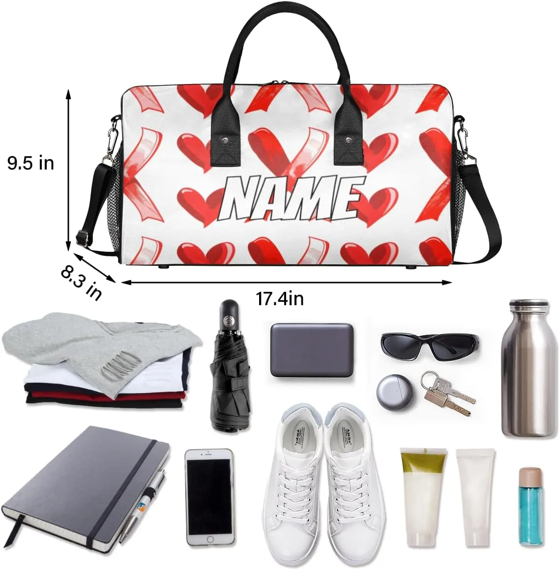 Personalized Red Hearts Travel Duffel Bag with Name, Custom Gym Sport Bag Sweethearts Love Carry On Weekend Overnight Duffel Bag for Men Women