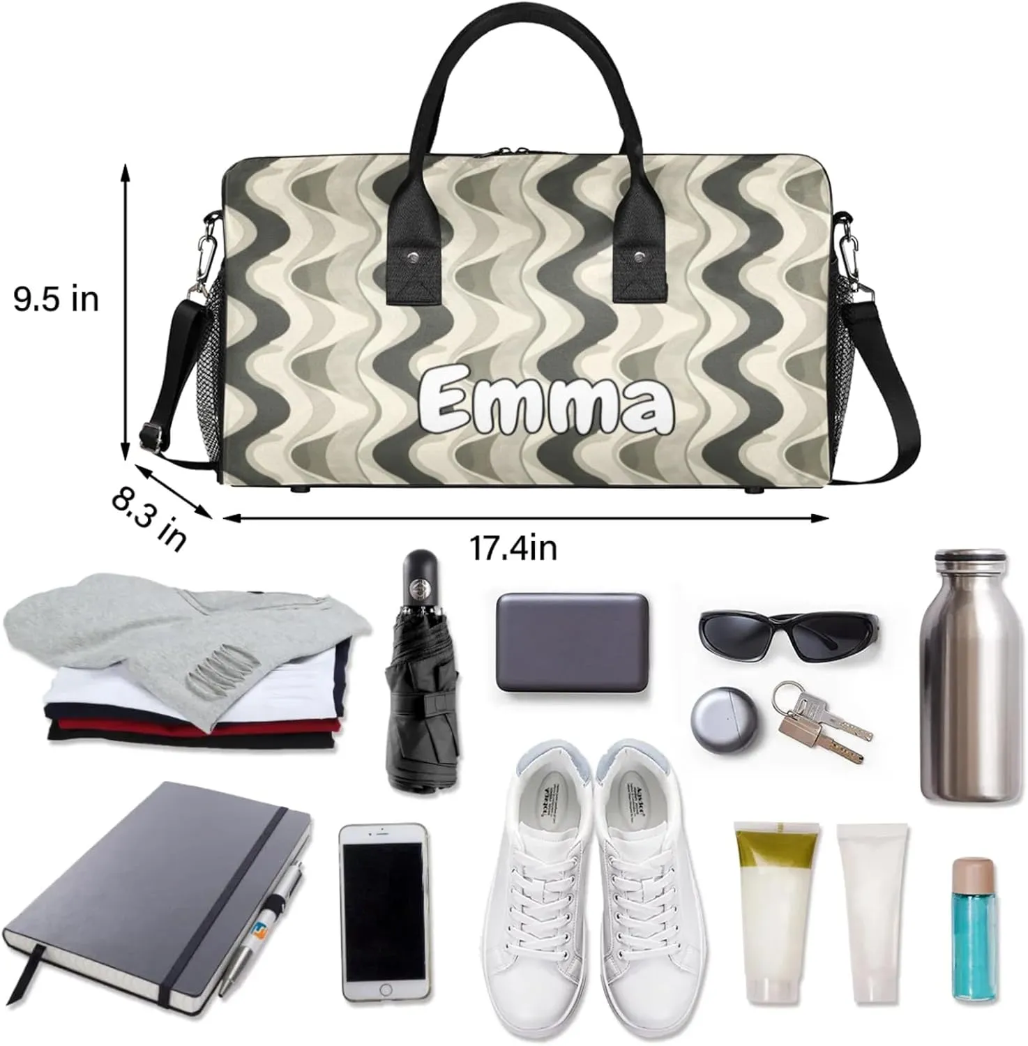 Personalized Retro Aesthetic Swirl Travel Duffel Bag with Name, Custom Gym Sport Bag Mid Century Boho Carry On Weekend Overnight Duffel Bag for Men Women