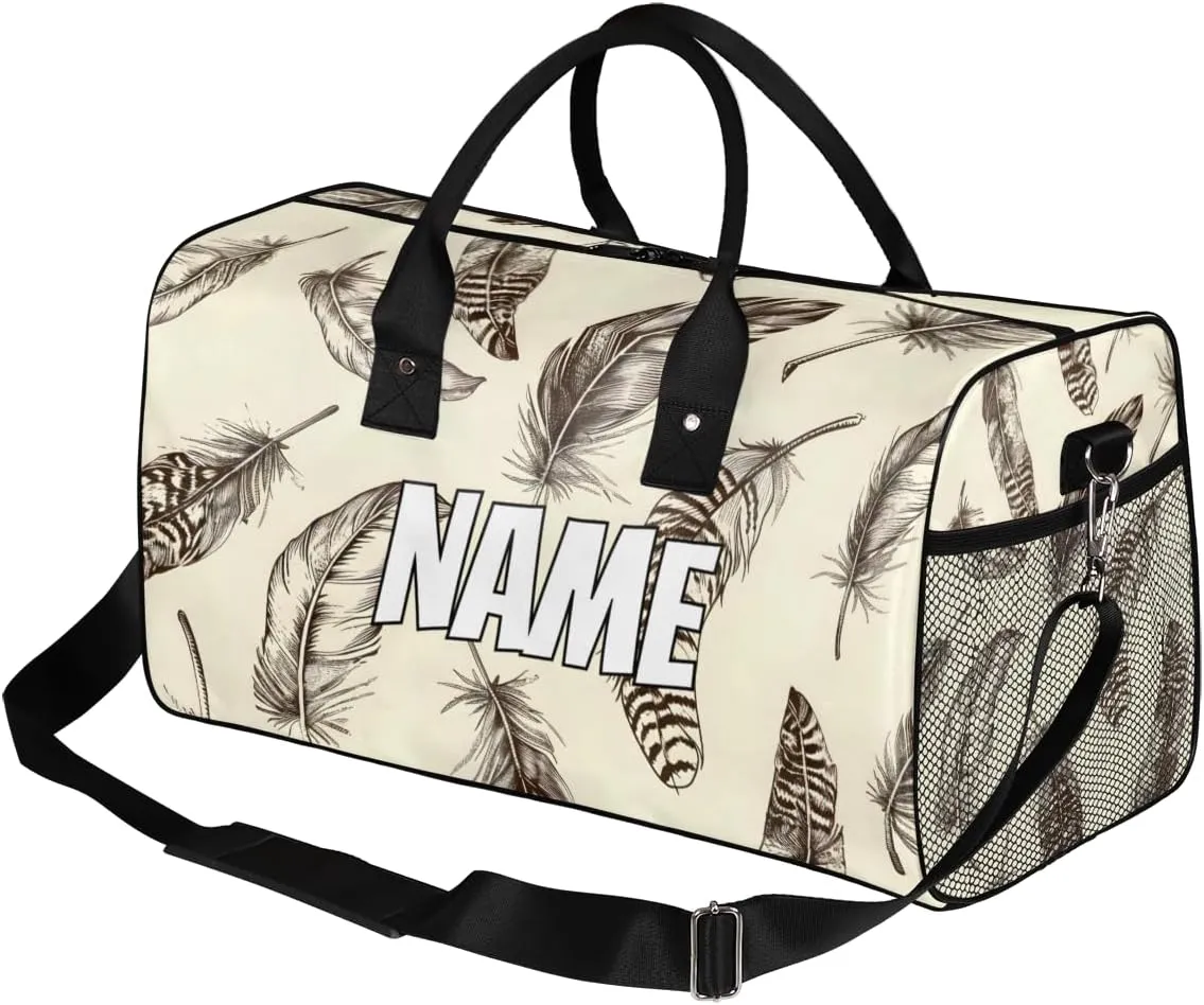 Personalized Retro Feather Travel Duffel Bag with Name, Custom Gym Sport Bag Feather Drawing Carry On Weekend Overnight Duffel Bag for Men Women