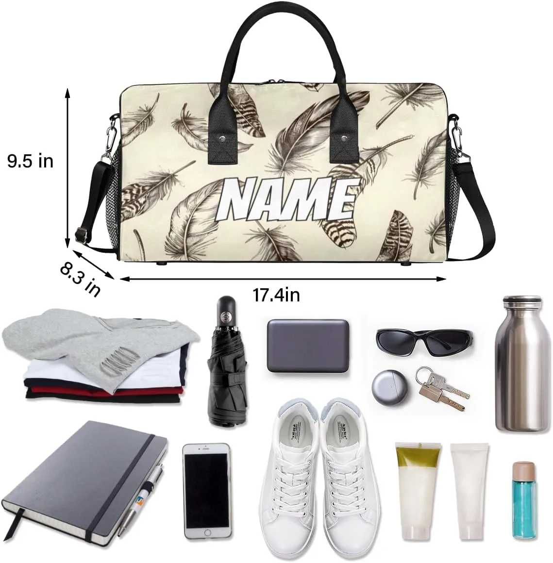 Personalized Retro Feather Travel Duffel Bag with Name, Custom Gym Sport Bag Feather Drawing Carry On Weekend Overnight Duffel Bag for Men Women