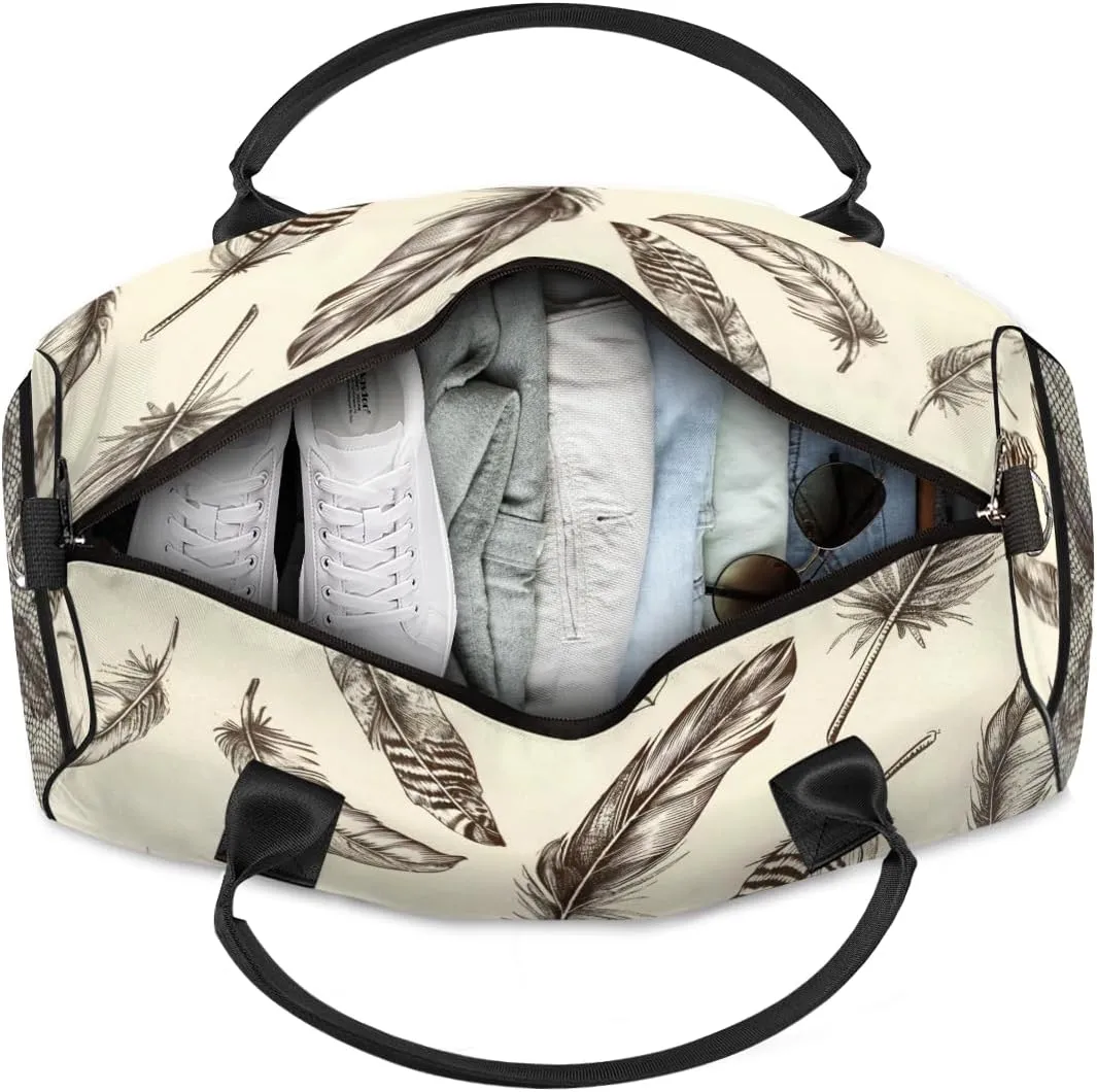 Personalized Retro Feather Travel Duffel Bag with Name, Custom Gym Sport Bag Feather Drawing Carry On Weekend Overnight Duffel Bag for Men Women