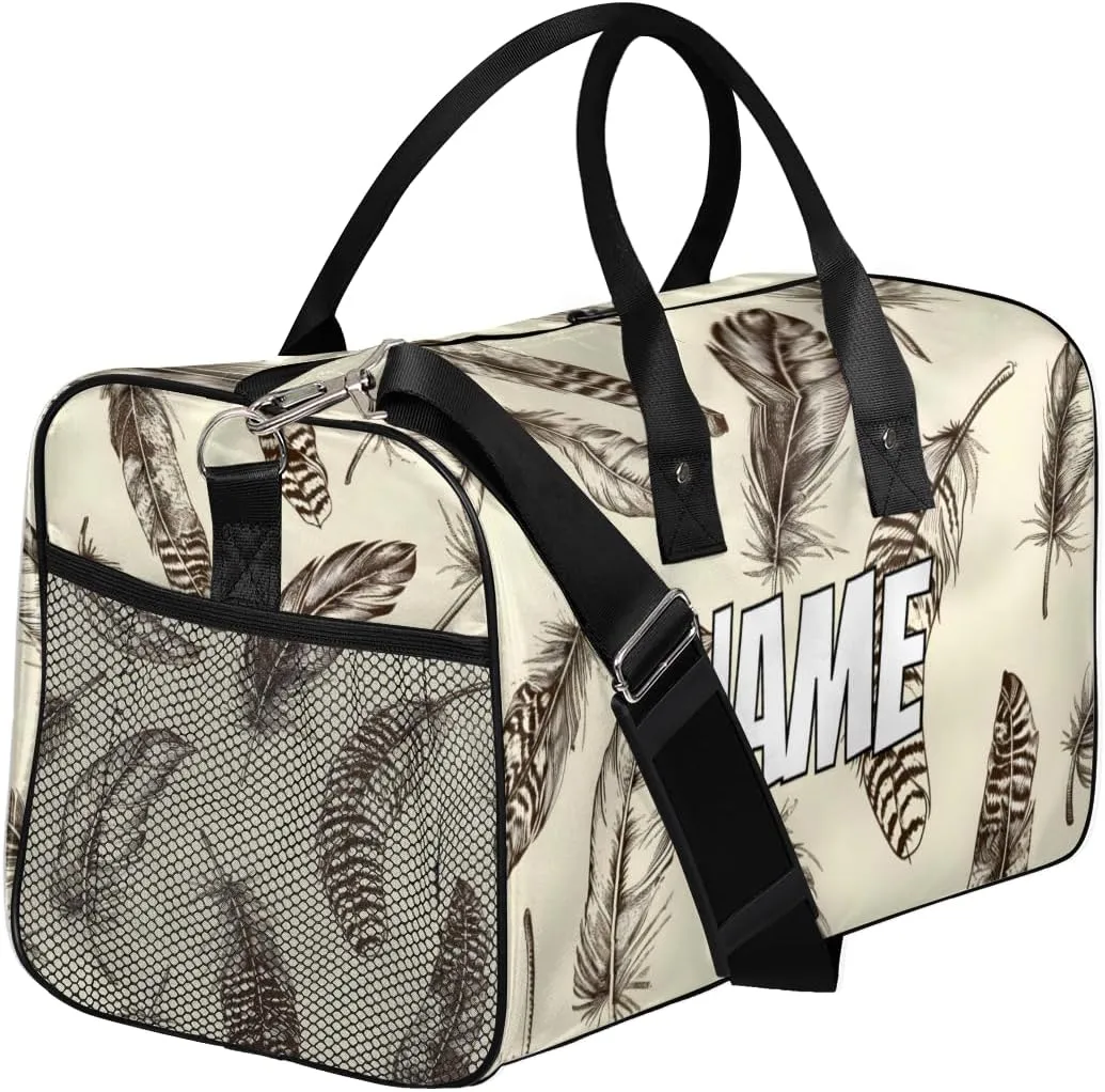 Personalized Retro Feather Travel Duffel Bag with Name, Custom Gym Sport Bag Feather Drawing Carry On Weekend Overnight Duffel Bag for Men Women
