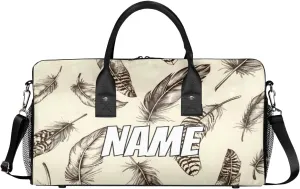 Personalized Retro Feather Travel Duffel Bag with Name, Custom Gym Sport Bag Feather Drawing Carry On Weekend Overnight Duffel Bag for Men Women