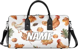 Personalized Rooster Animal Travel Duffel Bag with Name, Custom Gym Sport Bag Fall Mapleleaf Carry On Weekend Overnight Duffel Bag for Men Women