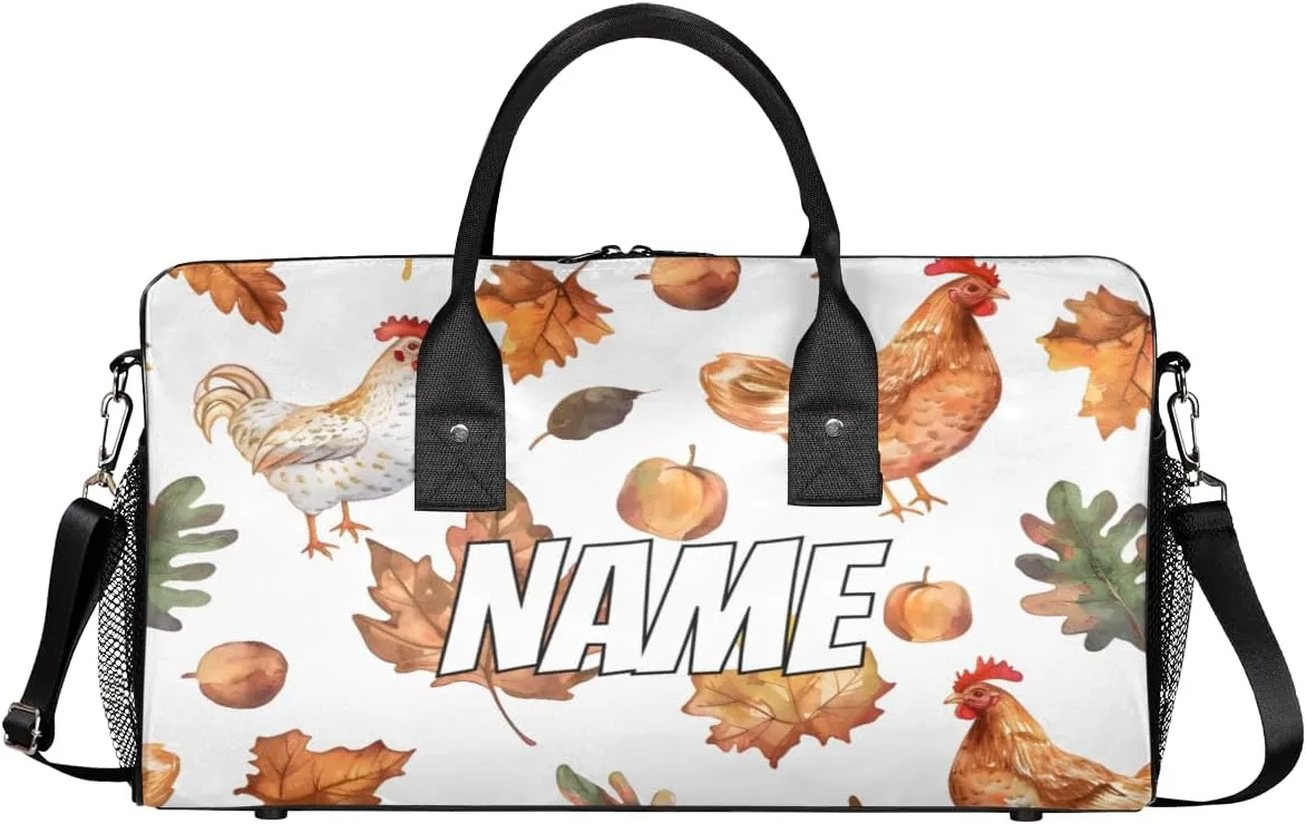 Personalized Rooster Animal Travel Duffel Bag with Name, Custom Gym Sport Bag Fall Mapleleaf Carry On Weekend Overnight Duffel Bag for Men Women