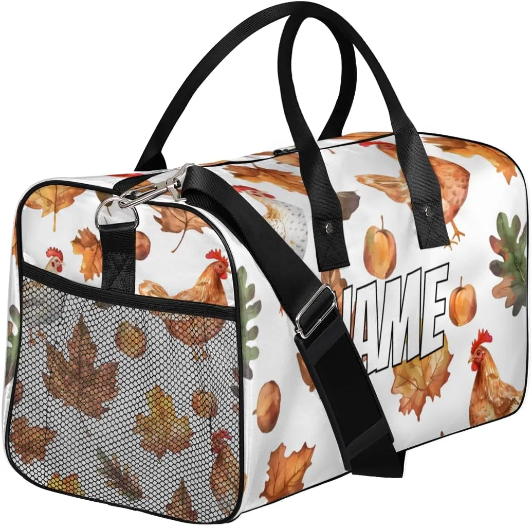 Personalized Rooster Animal Travel Duffel Bag with Name, Custom Gym Sport Bag Fall Mapleleaf Carry On Weekend Overnight Duffel Bag for Men Women
