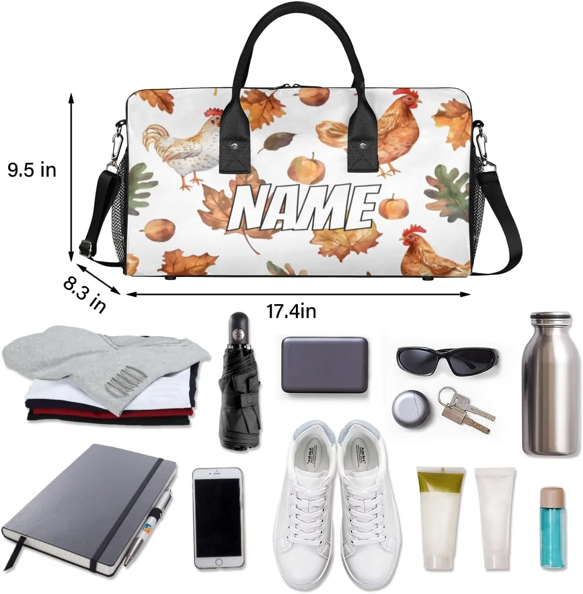 Personalized Rooster Animal Travel Duffel Bag with Name, Custom Gym Sport Bag Fall Mapleleaf Carry On Weekend Overnight Duffel Bag for Men Women