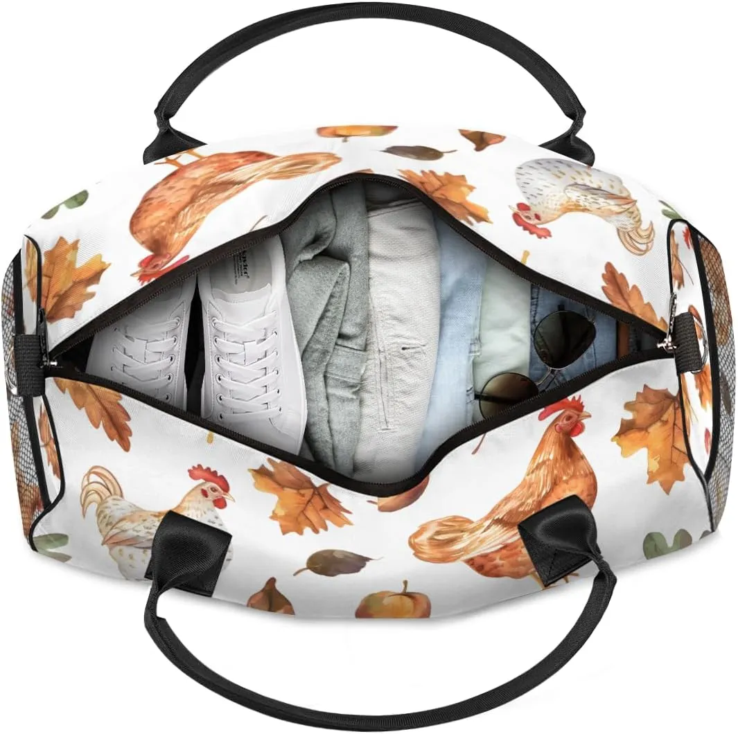 Personalized Rooster Animal Travel Duffel Bag with Name, Custom Gym Sport Bag Fall Mapleleaf Carry On Weekend Overnight Duffel Bag for Men Women