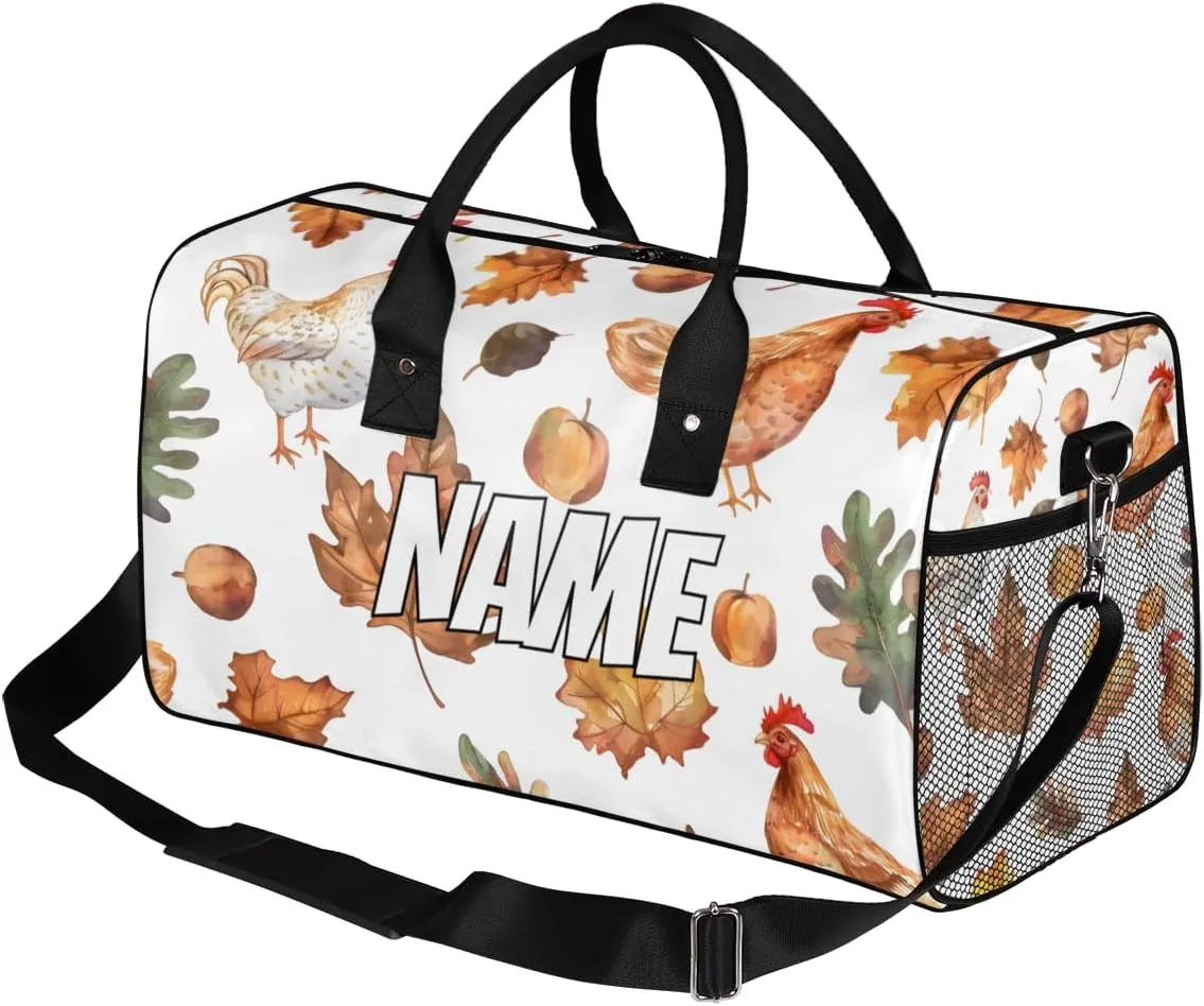 Personalized Rooster Animal Travel Duffel Bag with Name, Custom Gym Sport Bag Fall Mapleleaf Carry On Weekend Overnight Duffel Bag for Men Women