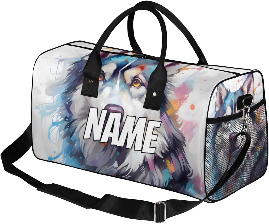 Personalized Siberian Dog Travel Duffel Bag with Name, Custom Gym Sport Bag Colorful Painting Carry On Weekend Overnight Duffel Bag for Men Women
