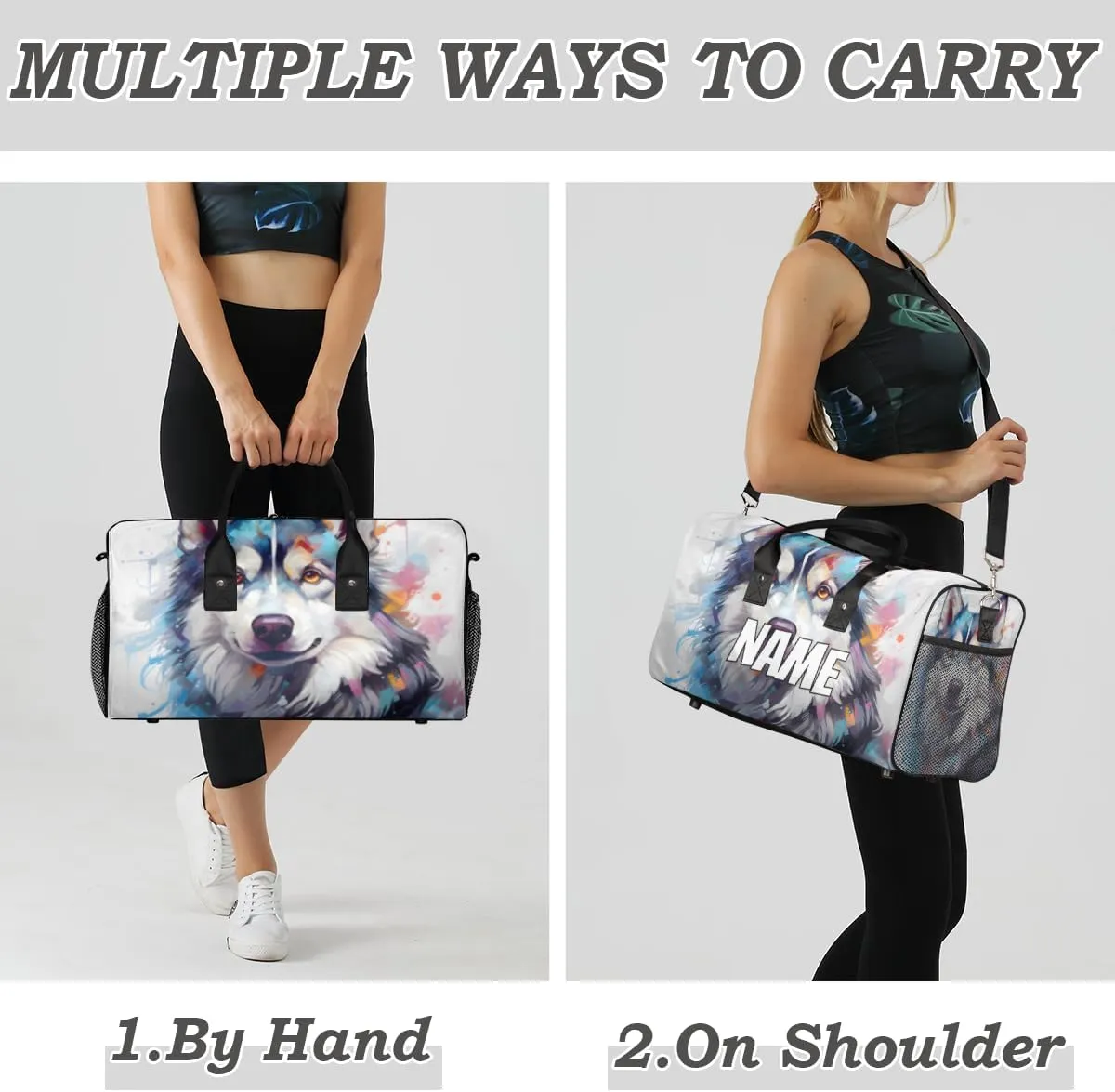 Personalized Siberian Dog Travel Duffel Bag with Name, Custom Gym Sport Bag Colorful Painting Carry On Weekend Overnight Duffel Bag for Men Women