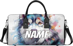 Personalized Siberian Dog Travel Duffel Bag with Name, Custom Gym Sport Bag Colorful Painting Carry On Weekend Overnight Duffel Bag for Men Women