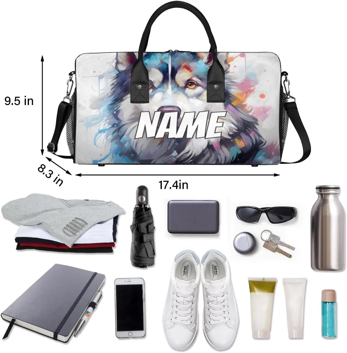 Personalized Siberian Dog Travel Duffel Bag with Name, Custom Gym Sport Bag Colorful Painting Carry On Weekend Overnight Duffel Bag for Men Women