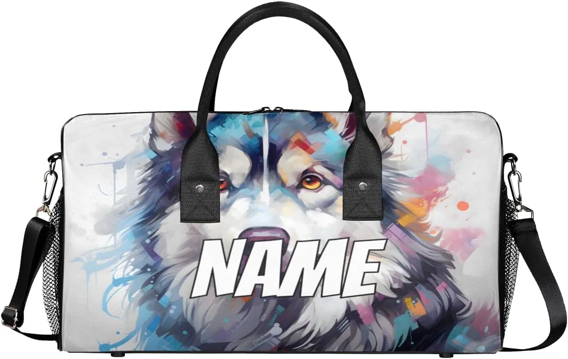 Personalized Siberian Dog Travel Duffel Bag with Name, Custom Gym Sport Bag Colorful Painting Carry On Weekend Overnight Duffel Bag for Men Women