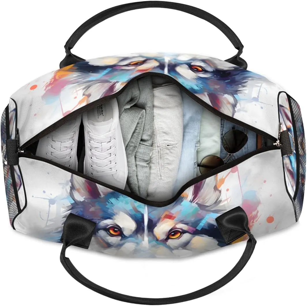Personalized Siberian Dog Travel Duffel Bag with Name, Custom Gym Sport Bag Colorful Painting Carry On Weekend Overnight Duffel Bag for Men Women