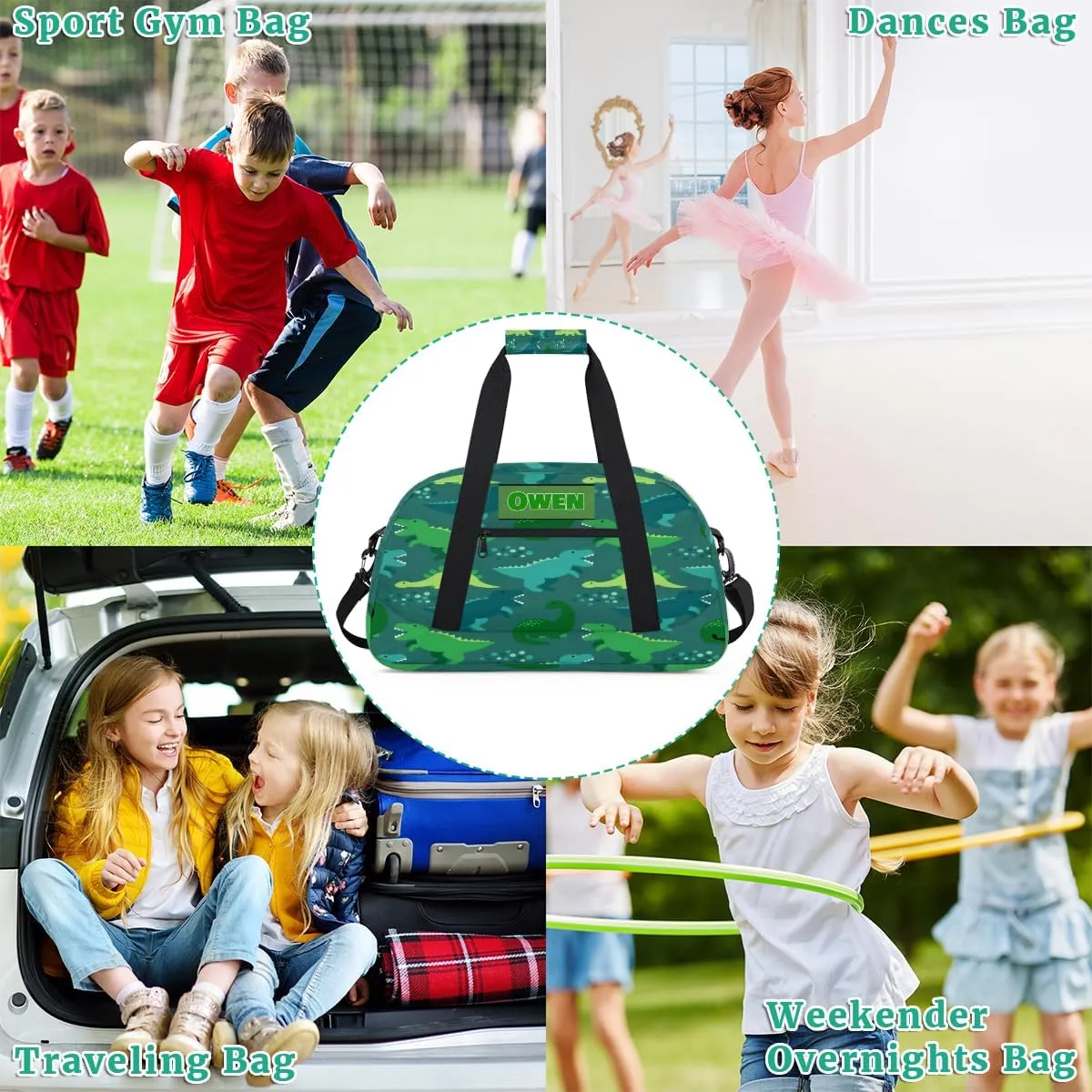 Personalized Sport Duffel Bag Dance Bag Cheer Bag Boy, Customize Travel Duffle Bag with Name, Overnight Weekender Bags Perform Cheer Bag, Green Cartoon Dinosaurs