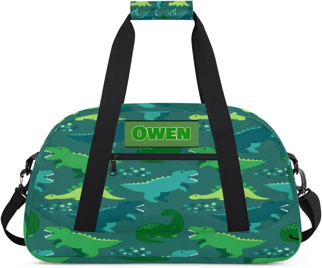 Personalized Sport Duffel Bag Dance Bag Cheer Bag Boy, Customize Travel Duffle Bag with Name, Overnight Weekender Bags Perform Cheer Bag, Green Cartoon Dinosaurs
