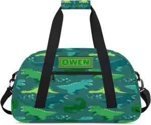 Personalized Sport Duffel Bag Dance Bag Cheer Bag Boy, Customize Travel Duffle Bag with Name, Overnight Weekender Bags Perform Cheer Bag, Green Cartoon Dinosaurs