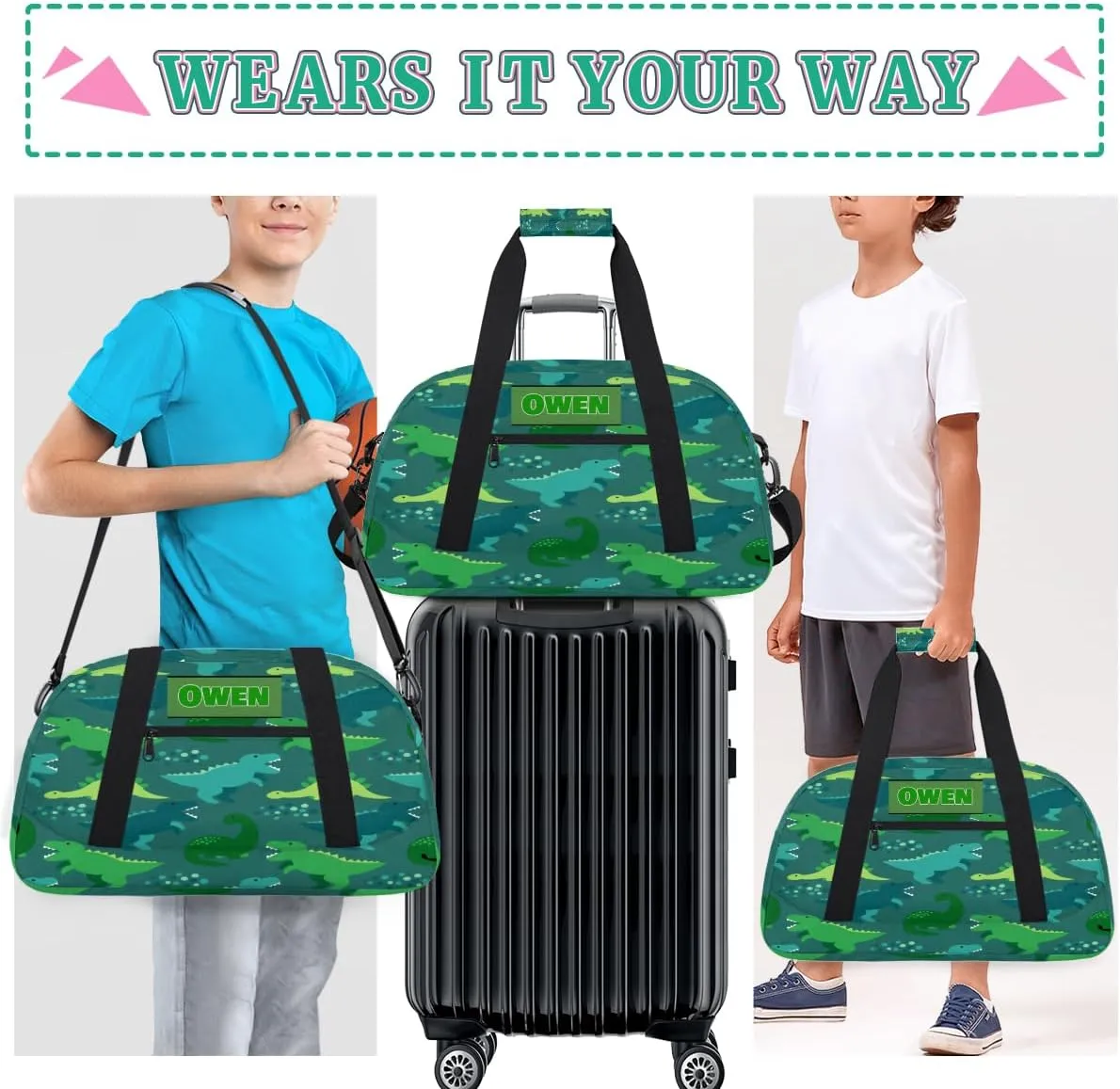 Personalized Sport Duffel Bag Dance Bag Cheer Bag Boy, Customize Travel Duffle Bag with Name, Overnight Weekender Bags Perform Cheer Bag, Green Cartoon Dinosaurs