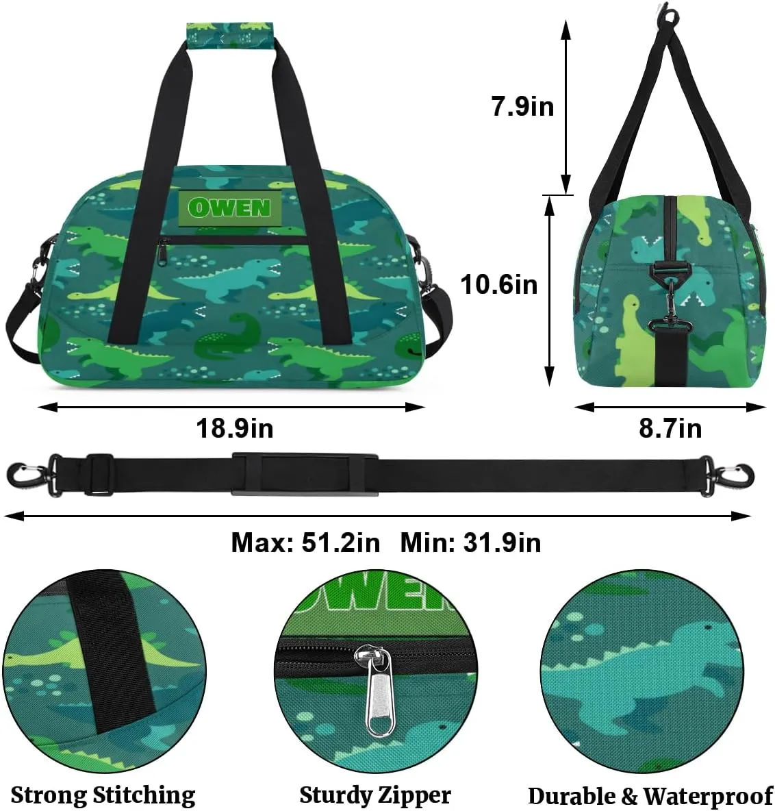 Personalized Sport Duffel Bag Dance Bag Cheer Bag Boy, Customize Travel Duffle Bag with Name, Overnight Weekender Bags Perform Cheer Bag, Green Cartoon Dinosaurs