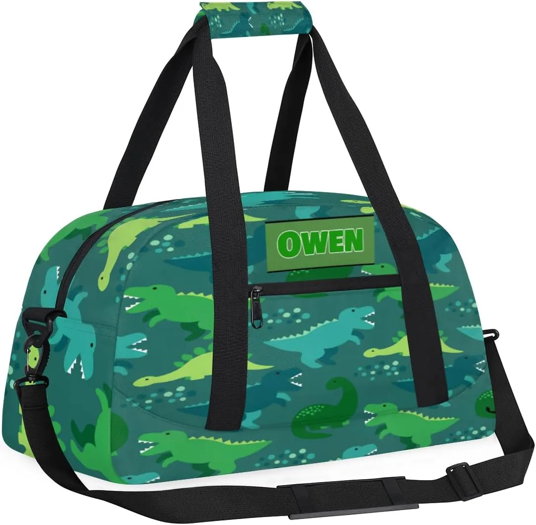 Personalized Sport Duffel Bag Dance Bag Cheer Bag Boy, Customize Travel Duffle Bag with Name, Overnight Weekender Bags Perform Cheer Bag, Green Cartoon Dinosaurs