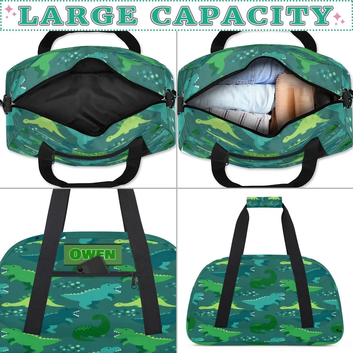 Personalized Sport Duffel Bag Dance Bag Cheer Bag Boy, Customize Travel Duffle Bag with Name, Overnight Weekender Bags Perform Cheer Bag, Green Cartoon Dinosaurs