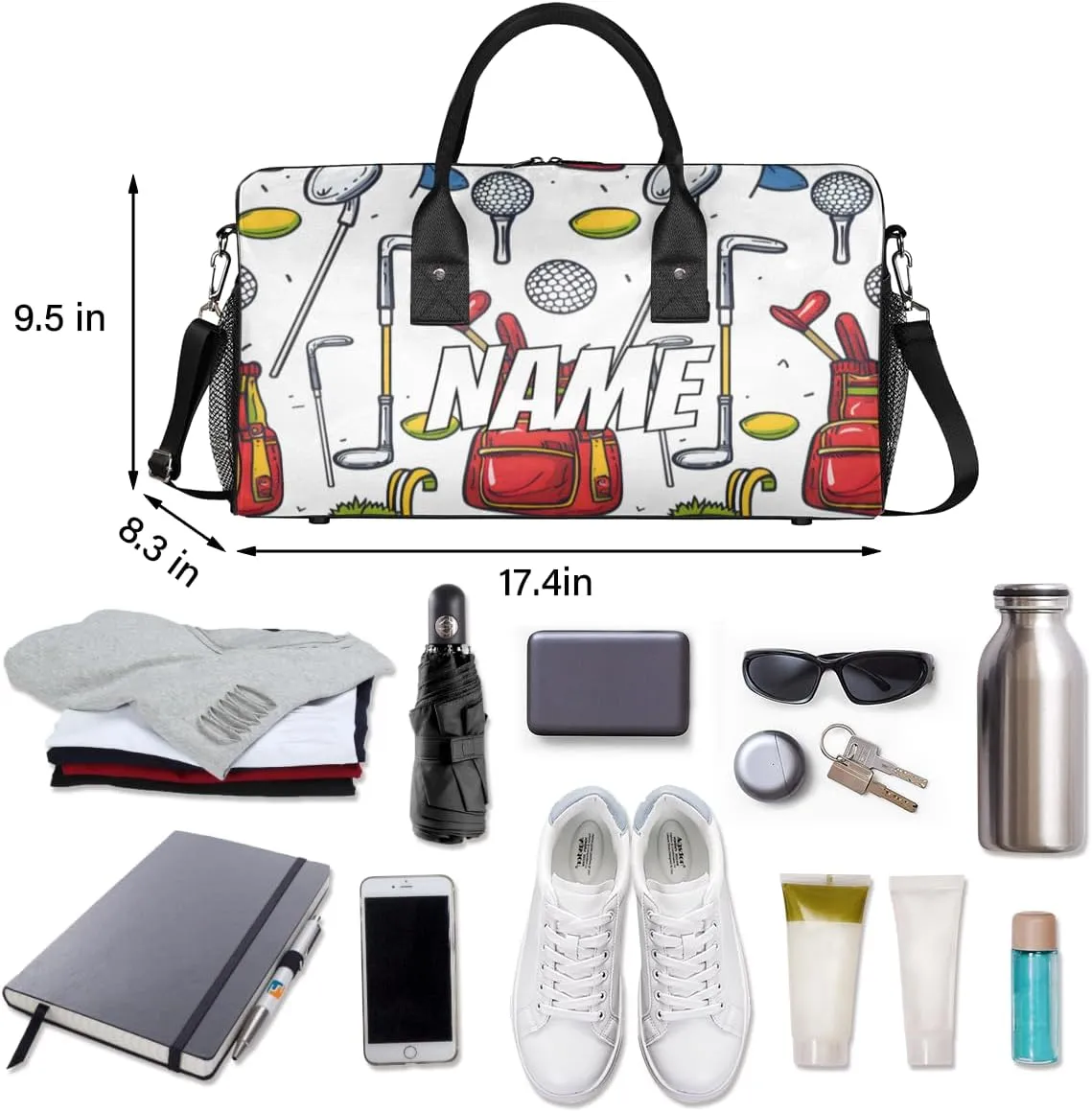Personalized Sport Golf Travel Duffel Bag with Name, Custom Gym Sport Bag Catoon Pattern Carry On Weekend Overnight Duffel Bag for Men Women
