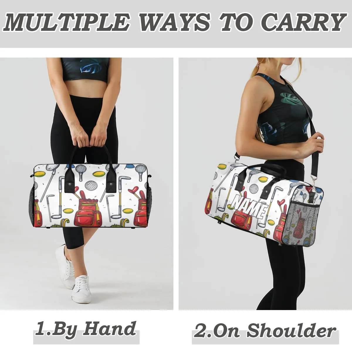 Personalized Sport Golf Travel Duffel Bag with Name, Custom Gym Sport Bag Catoon Pattern Carry On Weekend Overnight Duffel Bag for Men Women