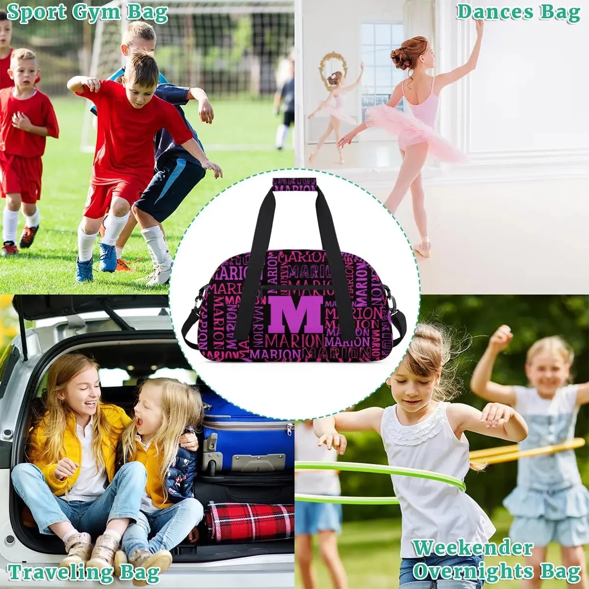 Personalized Sport Gym Bag Duffel Bag for Boys Girls, Custom Name Dance Bag Weekender Bags Travel Duffel Bag Tote Bag for Kids Pink Purple Black