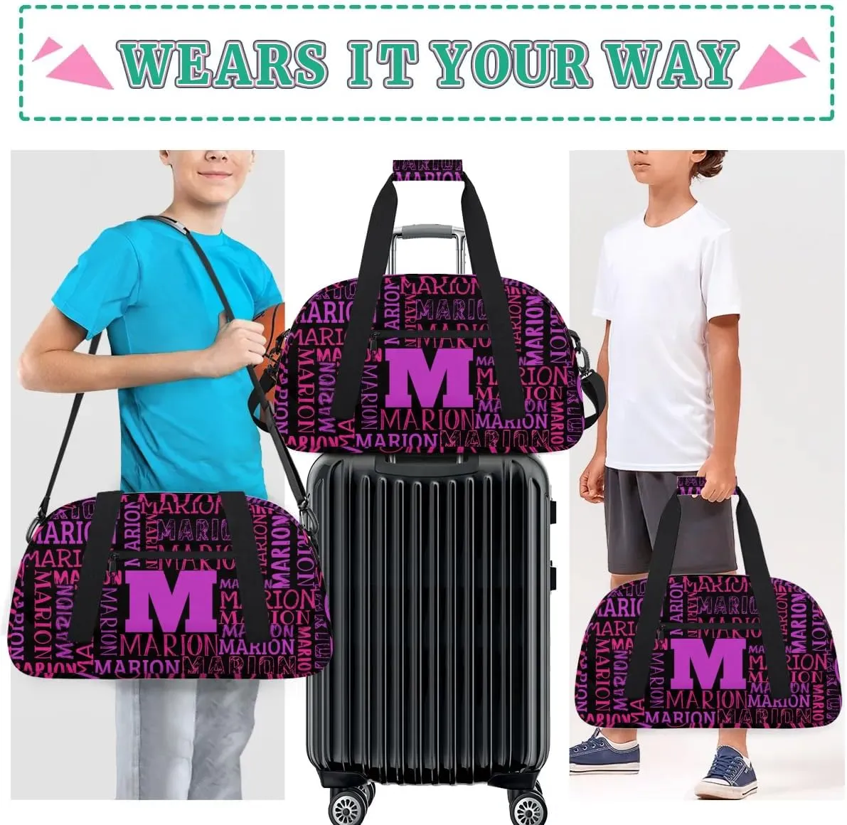 Personalized Sport Gym Bag Duffel Bag for Boys Girls, Custom Name Dance Bag Weekender Bags Travel Duffel Bag Tote Bag for Kids Pink Purple Black