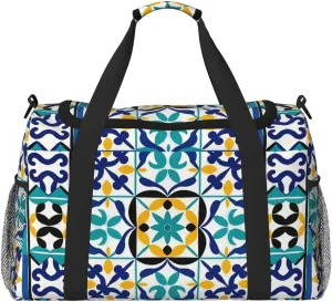 Personalized Sports Duffel Bags Gym Bag Dance Bag, Personalized Custom Travel Duffle Bag Tote Bag, Customized Travel Bag Overnight Weekender Sleepover Bags, Mexican Ceramic Tile Pattern