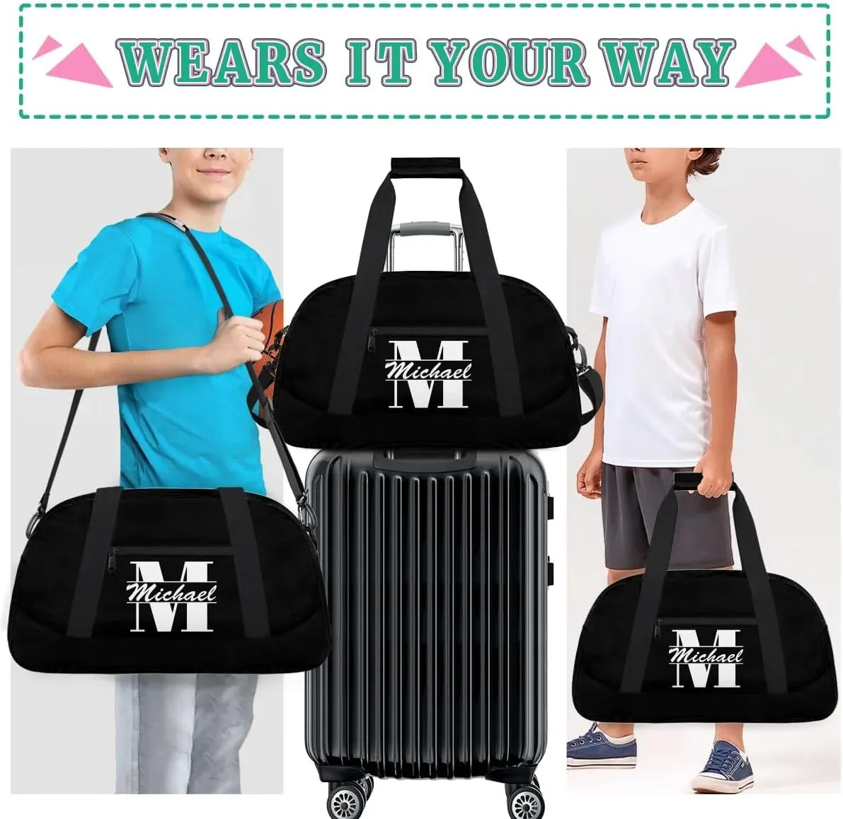 Personalized Travel Duffel Bag with Name, Custom Initial Gym Bag for Women Men, Monogram Sport Dance Ballet Bag Weekender Overnight Bag, Black