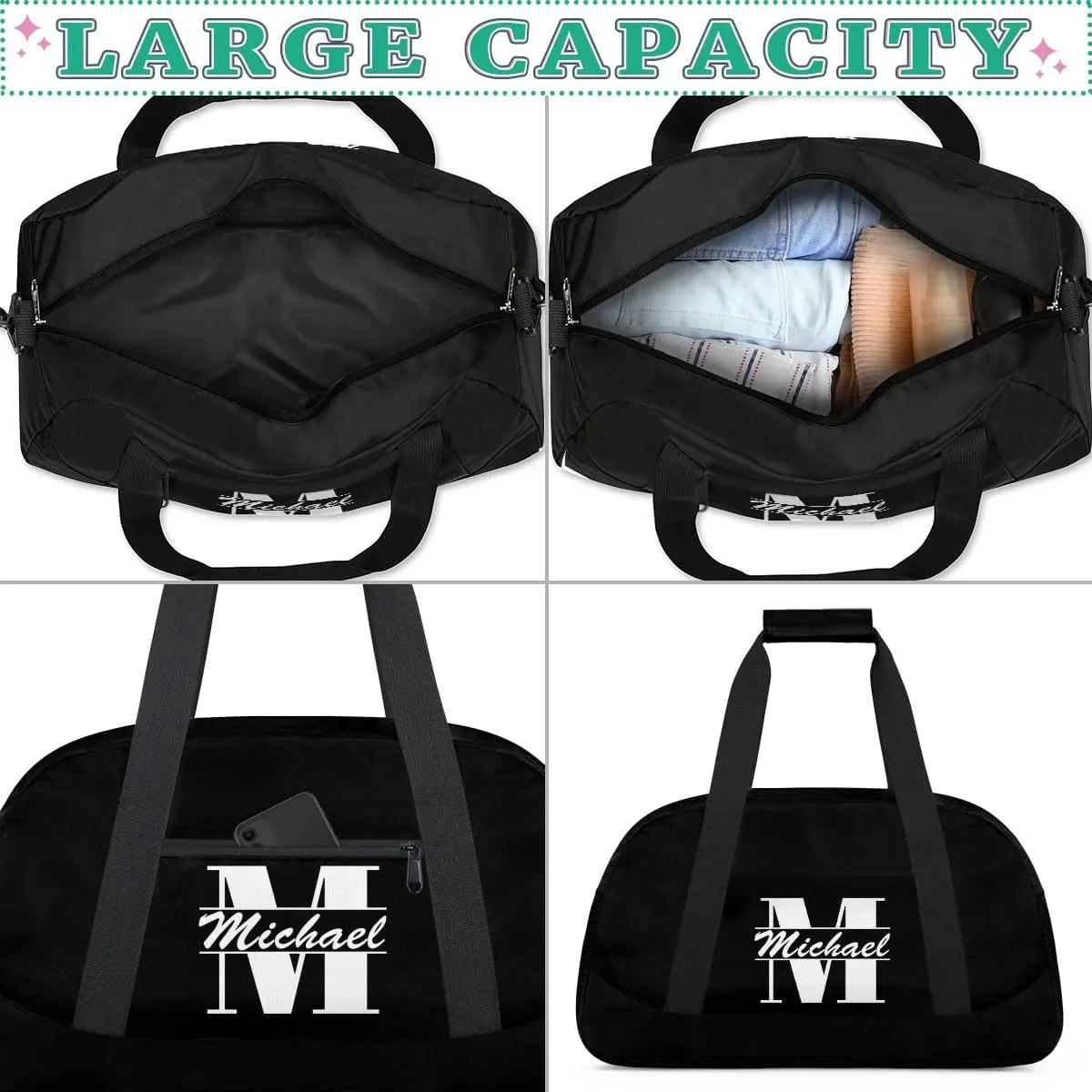Personalized Travel Duffel Bag with Name, Custom Initial Gym Bag for Women Men, Monogram Sport Dance Ballet Bag Weekender Overnight Bag, Black
