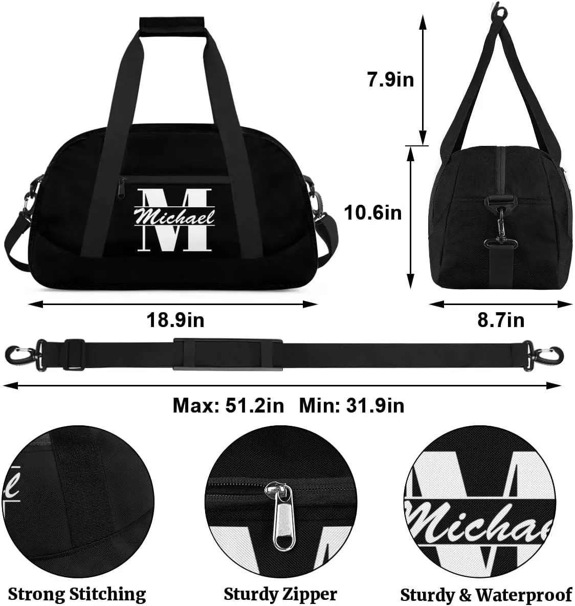 Personalized Travel Duffel Bag with Name, Custom Initial Gym Bag for Women Men, Monogram Sport Dance Ballet Bag Weekender Overnight Bag, Black