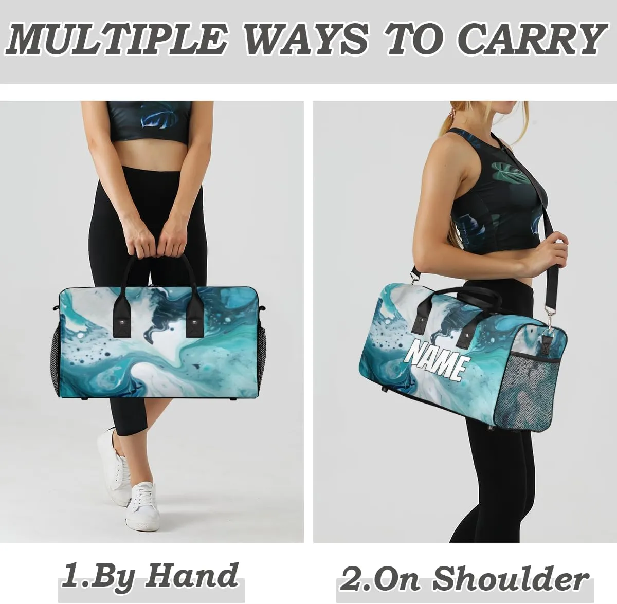 Personalized Turquoise Marble Travel Duffel Bag with Name, Custom Gym Sport Bag Tie Dye Carry On Weekend Overnight Duffel Tote for Men Women